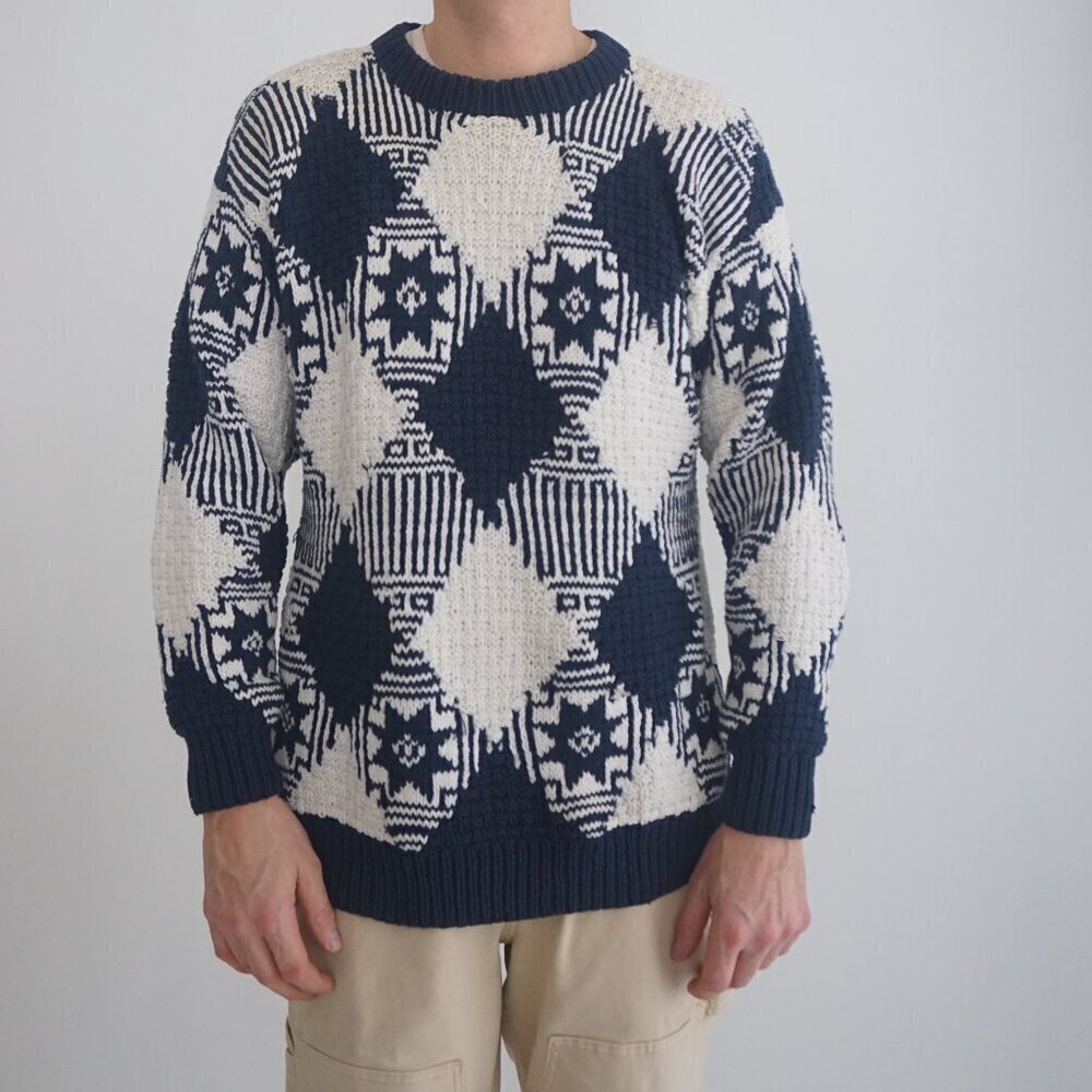 Vintage '90S Louis Henry Navy White Argyle 3D Knit Ribbed Crewneck Sweater O/S
